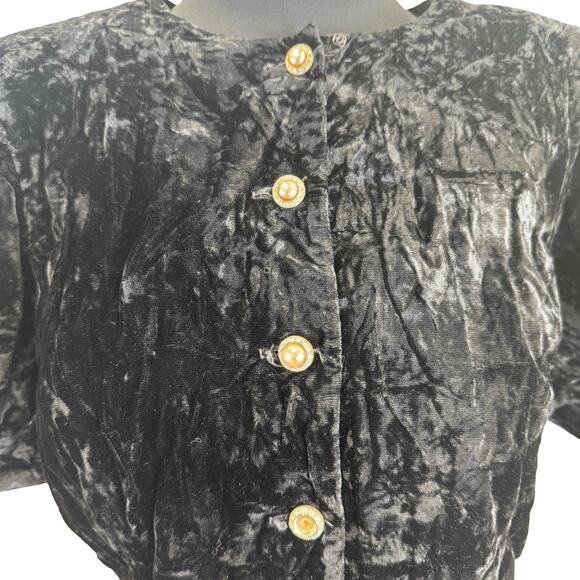 Vintage 80s Black Velvet Blouse w Pearl Rhinestone Buttons – Statement Shoulders - Picture 2 of 9